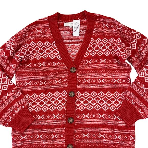 NWT LOFT Ruby Rust Red Fair Isle V-Neck Pocket Cardigan - Picture 2 of 8